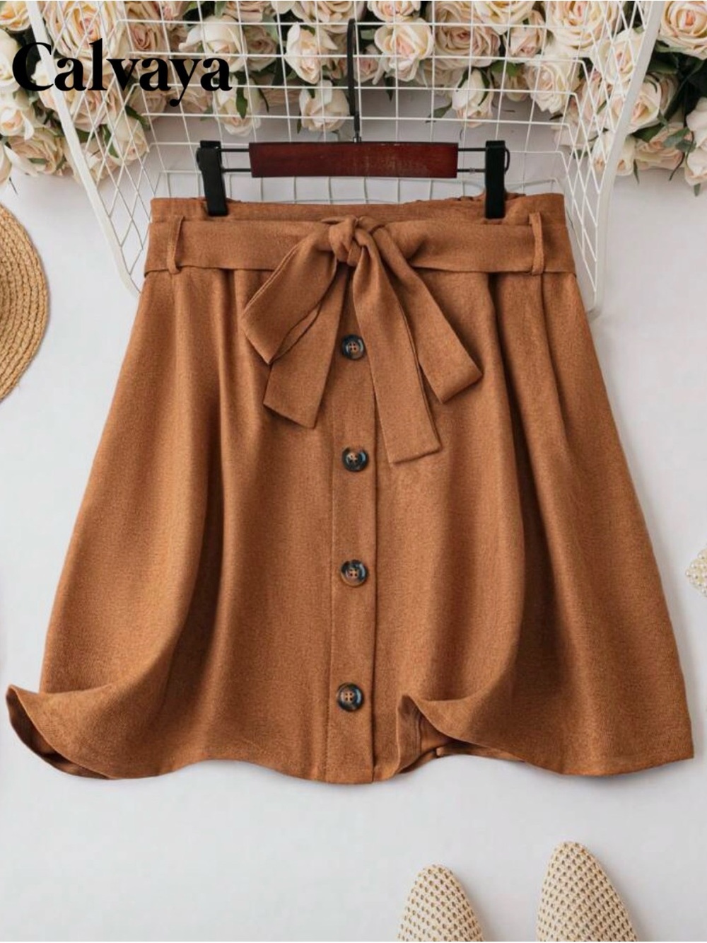 SHEIN Camel Brown Button-Front A-Line Skirt with Tie Waist